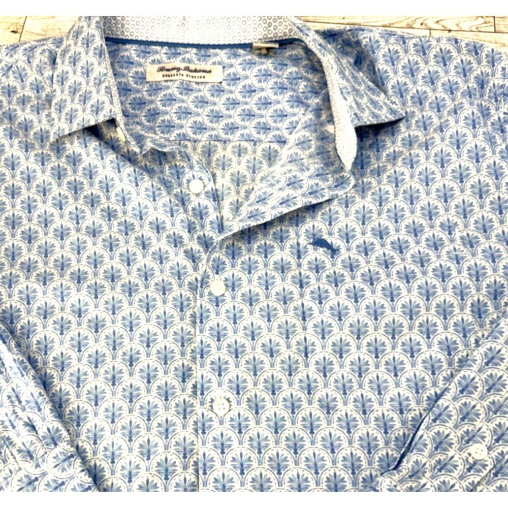 TOMMY BAHAMA Mens Sarasota Stretch LongSleeve Shirt Kingdom Blue Palm Tree LARGE